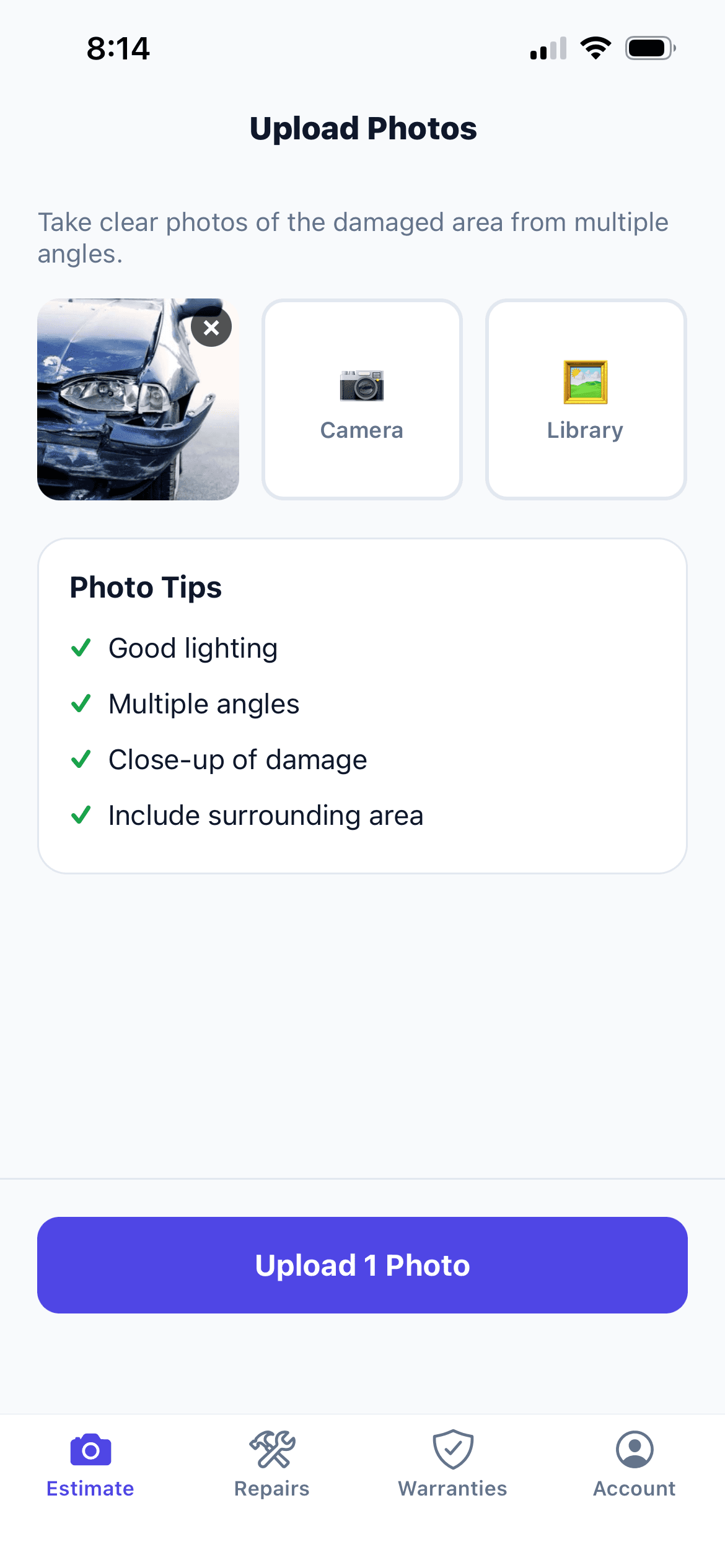 Snap the damage — SnapEstimate app screen
