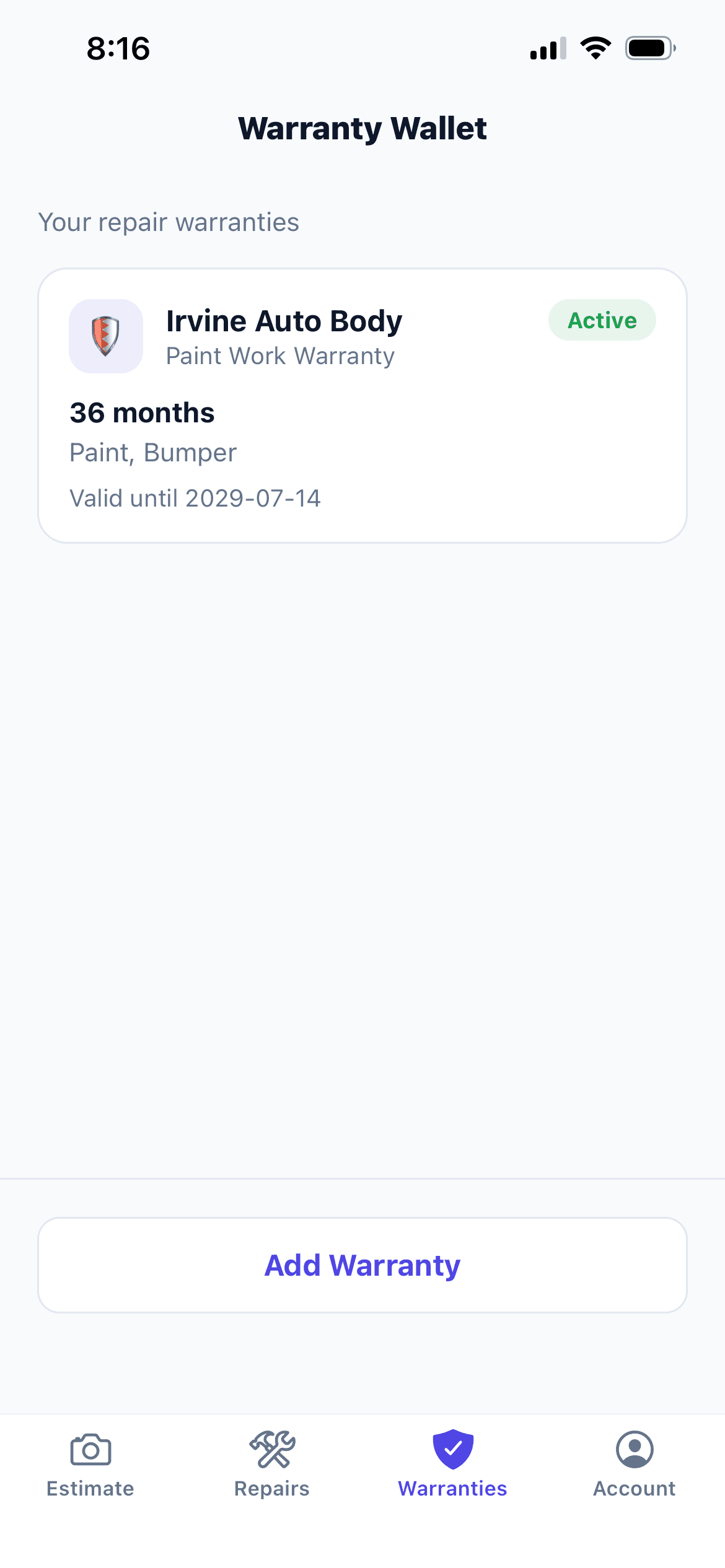Warranty wallet — SnapEstimate app screen