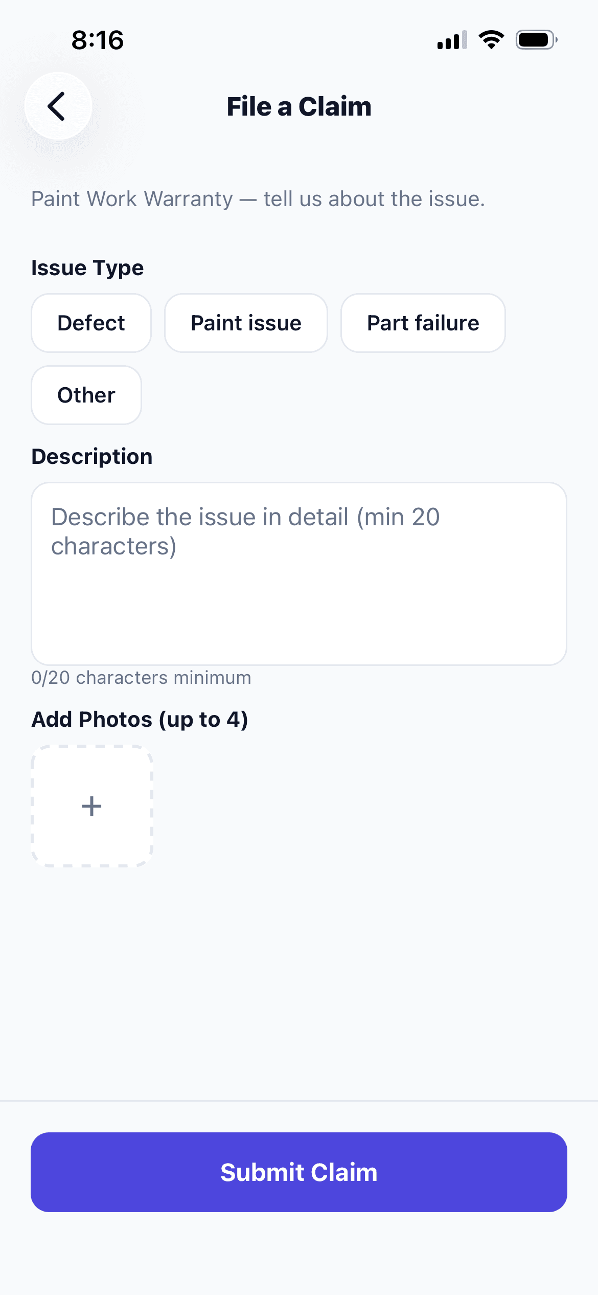 File a claim — SnapEstimate app screen