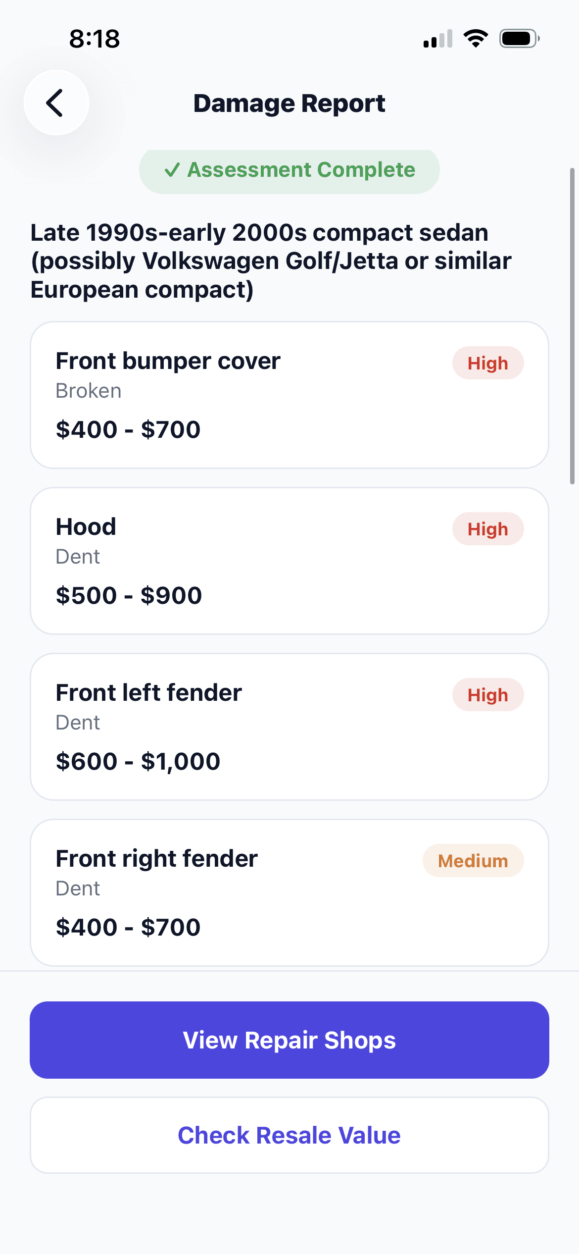 Itemized report — SnapEstimate app screen