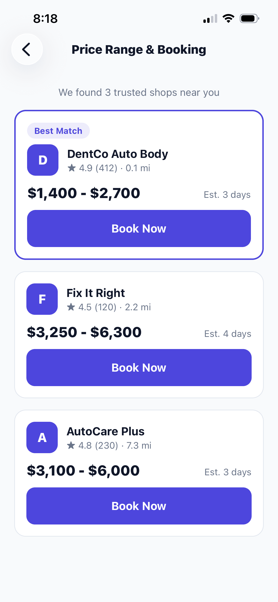 Compare vetted shops — SnapEstimate app screen