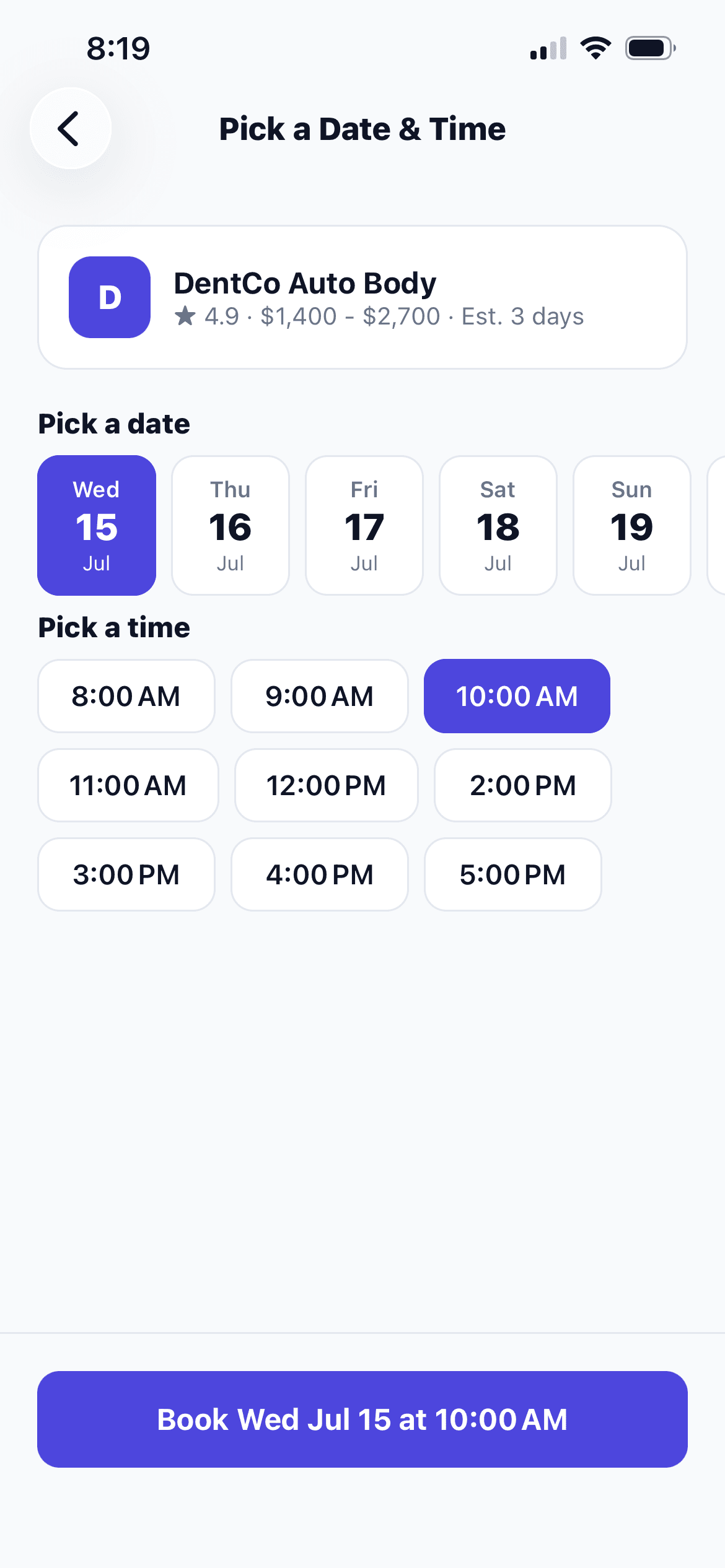 Book a slot — SnapEstimate app screen